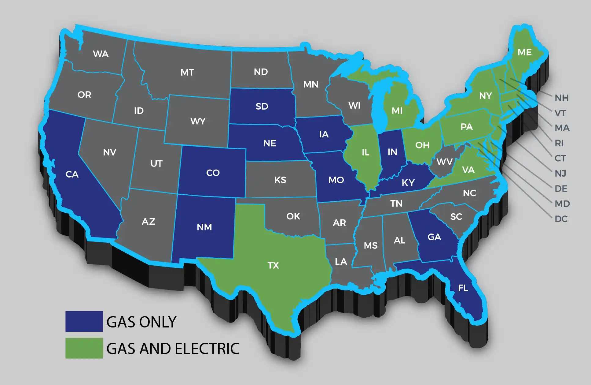 Map of United States Deregulated Gas and Electricity Markets Covered by Peak Utility Brokers